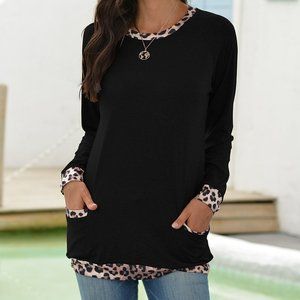 NWOT  Danqi | Black Leopard-Trim Pocket Long-Sleeve Tee - Women   TB1-32